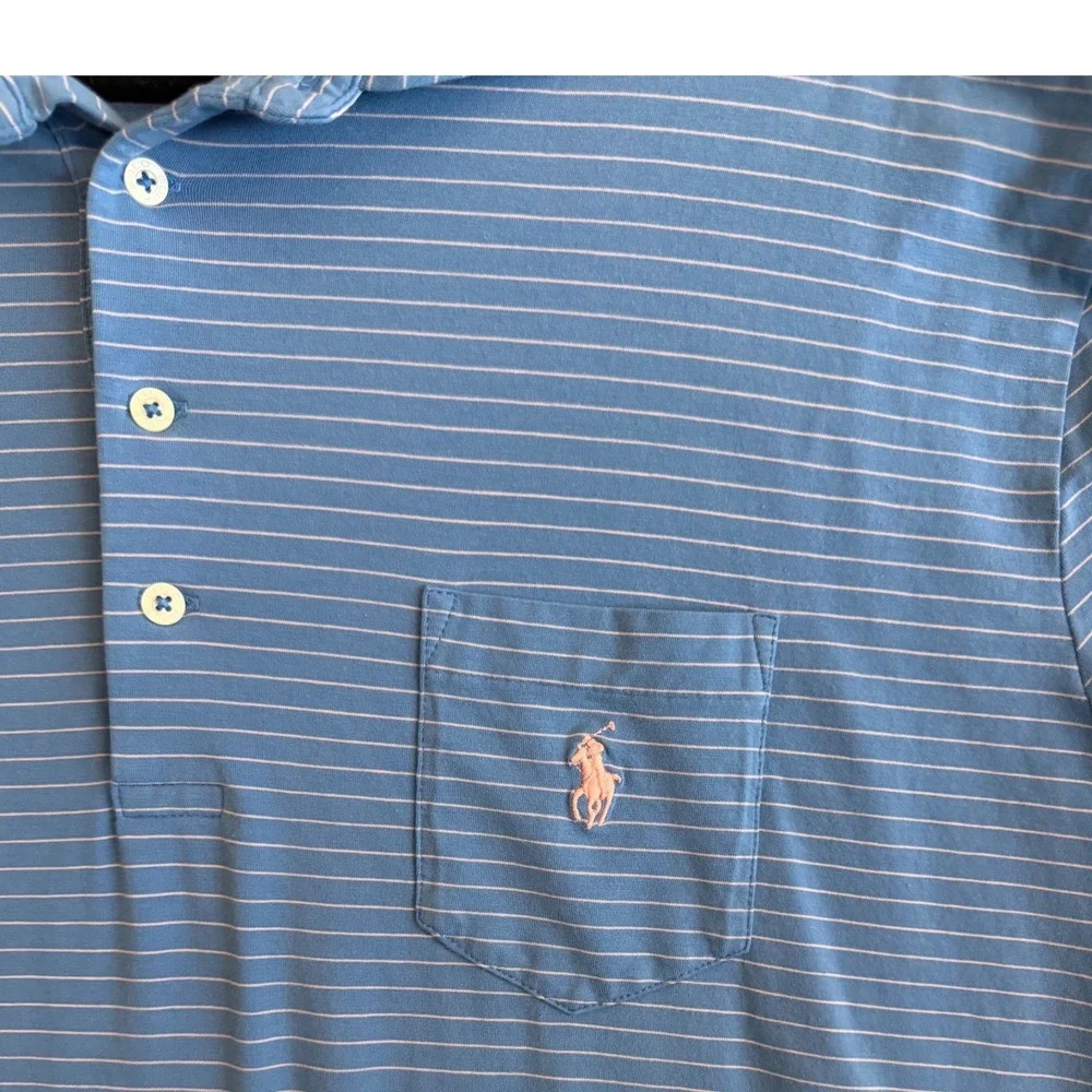 Polo Golf Ralph Lauren Mens XL Blue White Striped Stretch Lisle Pocket Shirt